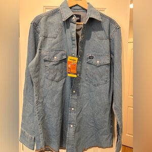 New Wrangler Mens Med Blue Denim Pearl Snap Long Sleeve Shirt Rodeo Cowboy